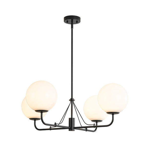 Chandelierias - Mid - century Modern Symmetrical 4 - Light Opal Glass Sphere Chandelier - Chandeliers - Black -