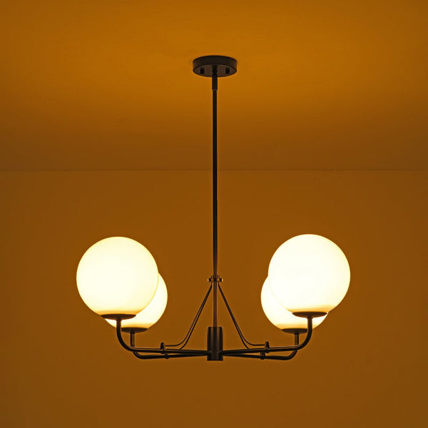 Chandelierias - Mid - century Modern Symmetrical 4 - Light Opal Glass Sphere Chandelier - Chandeliers - Black -