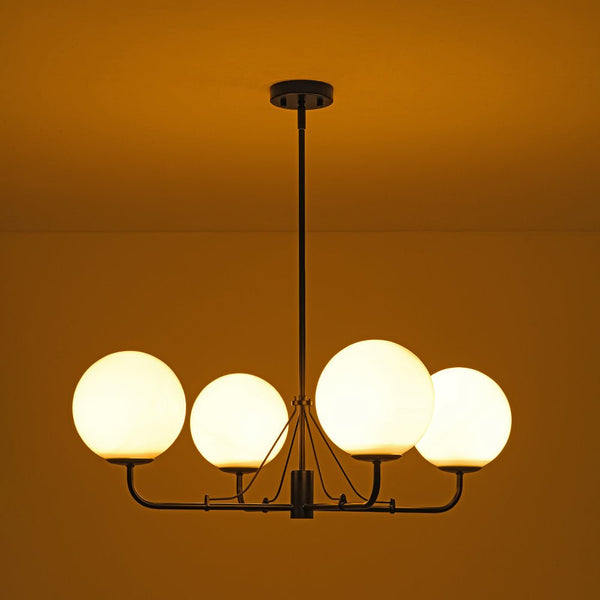Chandelierias - Mid - century Modern Symmetrical 4 - Light Opal Glass Sphere Chandelier - Chandeliers - Black -