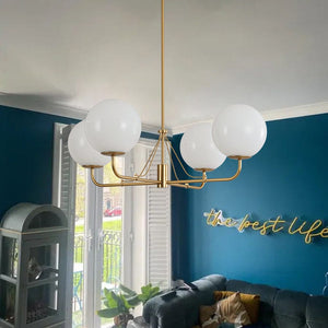 Chandelierias - Mid - century Modern Symmetrical 4 - Light Opal Glass Sphere Chandelier - Chandeliers - Gold -