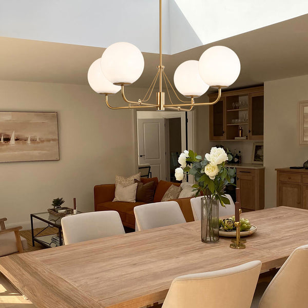 Chandelierias - Mid - century Modern Symmetrical 4 - Light Opal Glass Sphere Chandelier - Chandeliers - Gold -