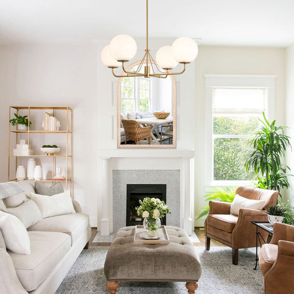 Chandelierias - Mid - century Modern Symmetrical 4 - Light Opal Glass Sphere Chandelier - Chandeliers - Gold -
