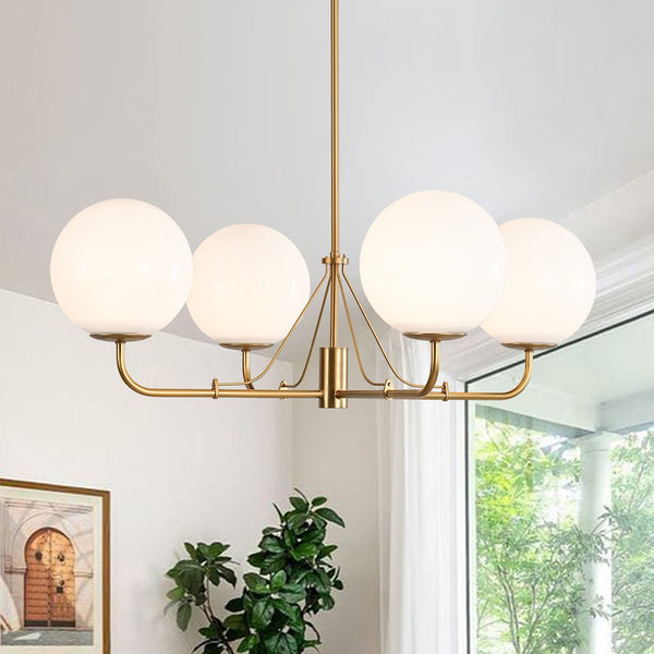 Chandelierias - Mid - century Modern Symmetrical 4 - Light Opal Glass Sphere Chandelier - Chandeliers - Gold -
