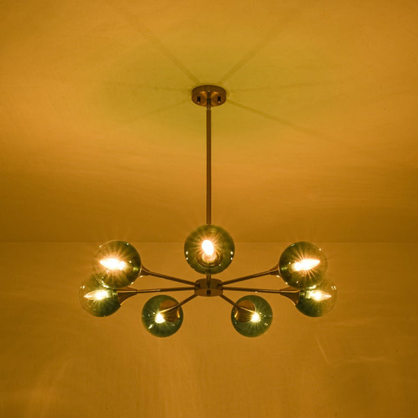 Chandelierias - Mid - century Sphere 7 - Light Cyan - blue Glass Bubble Linear Chandelier - Chandeliers - Brass -