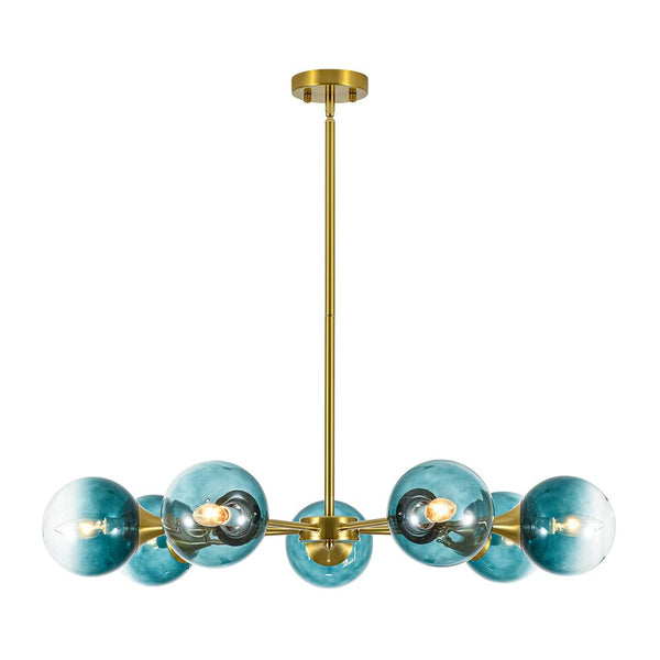 Chandelierias - Mid - century Sphere 7 - Light Cyan - blue Glass Bubble Linear Chandelier - Chandeliers - Brass -