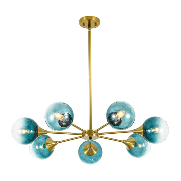 Chandelierias - Mid - century Sphere 7 - Light Cyan - blue Glass Bubble Linear Chandelier - Chandeliers - Brass -