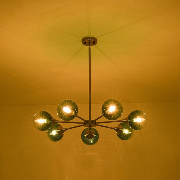 Chandelierias - Mid - century Sphere 7 - Light Cyan - blue Glass Bubble Linear Chandelier - Chandeliers - Brass -