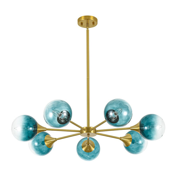 Chandelierias - Mid - century Sphere 7 - Light Cyan - blue Glass Bubble Linear Chandelier - Chandeliers - Brass -
