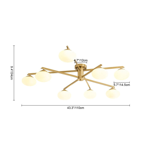Chandelierias-Midcentury Brass 8-Light Oval Glass Tiered Sputnik Semi-flush Mount-Semi Flush-Brass-