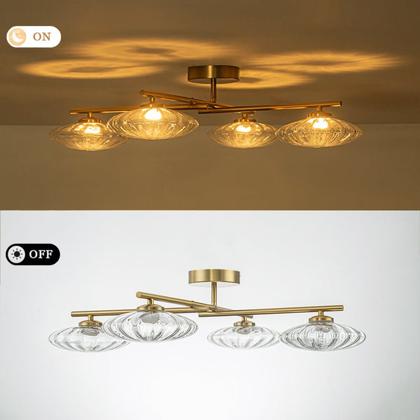 Chandelierias - Midcentury Linear 4 - Light Oval Striped Glass LED Semi - flush Mount - Semi Flush - Brass -