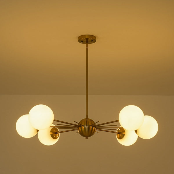 Chandelierias-Midcentury Radial 6-Light Frosted Opal Glass Sunburst Chandelier-Chandeliers-Brass-