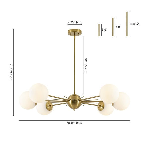 Chandelierias-Midcentury Radial 6-Light Frosted Opal Glass Sunburst Chandelier-Chandeliers-Brass-