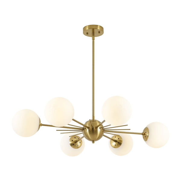 Chandelierias-Midcentury Radial 6-Light Frosted Opal Glass Sunburst Chandelier-Chandeliers-Brass-