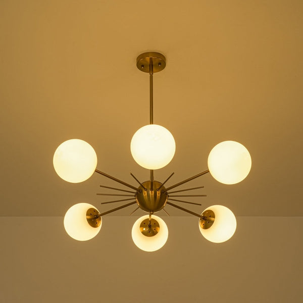Chandelierias-Midcentury Radial 6-Light Frosted Opal Glass Sunburst Chandelier-Chandeliers-Brass-