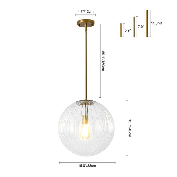 Chandelierias - Minimalist Modern 1 - Light Ribbed Clear Glass Globe Pendant - Pendants - Brushed Brass -