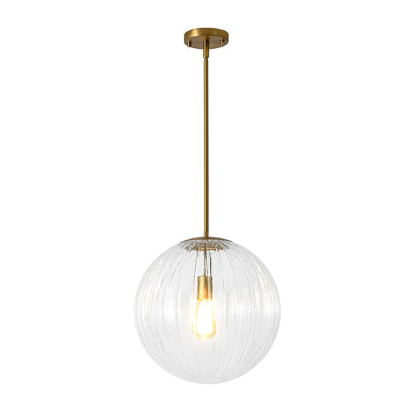 Chandelierias - Minimalist Modern 1 - Light Ribbed Clear Glass Globe Pendant - Pendants - Brushed Brass -