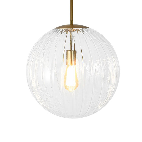 Chandelierias - Minimalist Modern 1 - Light Ribbed Clear Glass Globe Pendant - Pendants - Brushed Brass -