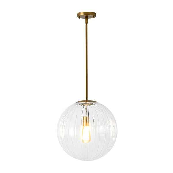 Chandelierias - Minimalist Modern 1 - Light Ribbed Clear Glass Globe Pendant - Pendants - Brushed Brass -