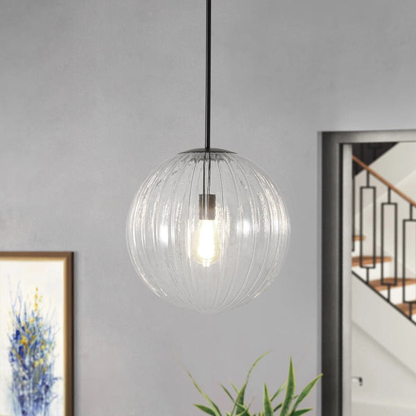 Chandelierias - Minimalist Modern 1 - Light Ribbed Clear Glass Globe Pendant - Pendants - Matte Black -