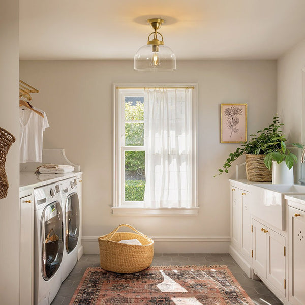 Chandelierias - Modern 1 - Light Clear Domed Globe Semi - flush Mount - Semi Flush - Brass -