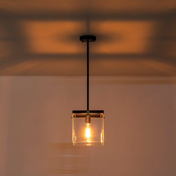 Chandelierias - Modern 1 - Light Clear Glass Square Lantern Pendant - Pendant - Black & Brass -