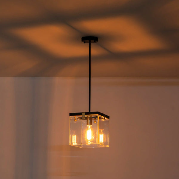 Chandelierias - Modern 1 - Light Clear Glass Square Lantern Pendant - Pendant - Black & Brass -