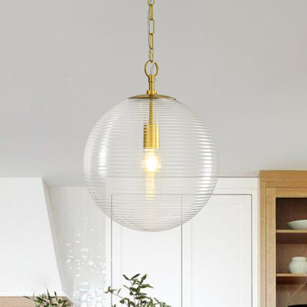 Chandelierias - Modern 1 - Light Clear Ribbed Glass Globe Kitchen Pendant - Pendants - Brushed Brass -