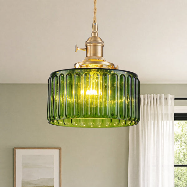 Chandelierias-Modern 1-Light Fluted Drum Glass Single Island Pendant-Pendants-Moody Olive-