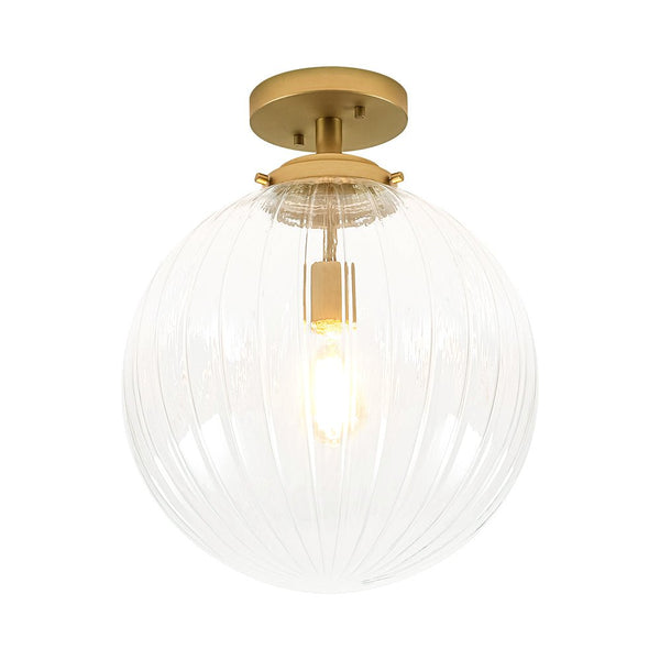 Chandelierias-Modern 1-Light Ribbed Glass Globe Semi-flush Mount-Semi Flush-Brushed Brass-