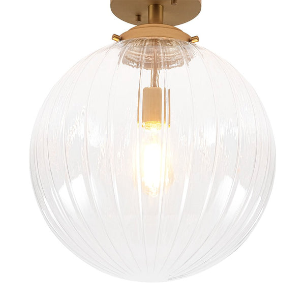 Chandelierias - Modern 1 - Light Ribbed Glass Globe Semi - flush Mount - Semi Flush - Brushed Brass -