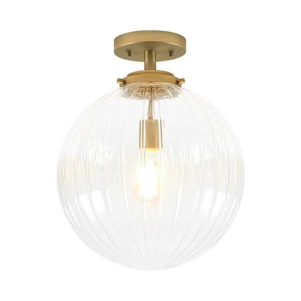 Chandelierias-Modern 1-Light Ribbed Glass Globe Semi-flush Mount-Semi Flush-Brushed Brass-