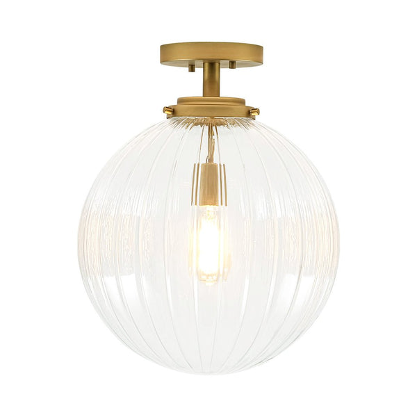 Chandelierias-Modern 1-Light Ribbed Glass Globe Semi-flush Mount-Semi Flush-Brushed Brass-