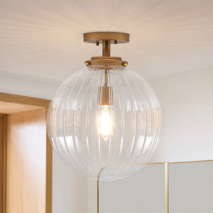 Chandelierias - Modern 1 - Light Ribbed Glass Globe Semi - flush Mount - Semi Flush - Brushed Brass -