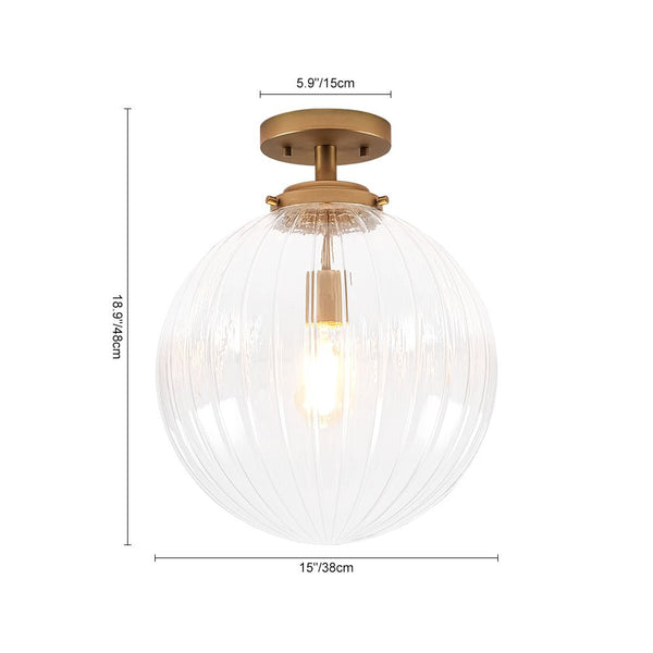 Chandelierias - Modern 1 - Light Ribbed Glass Globe Semi - flush Mount - Semi Flush - Brushed Brass -