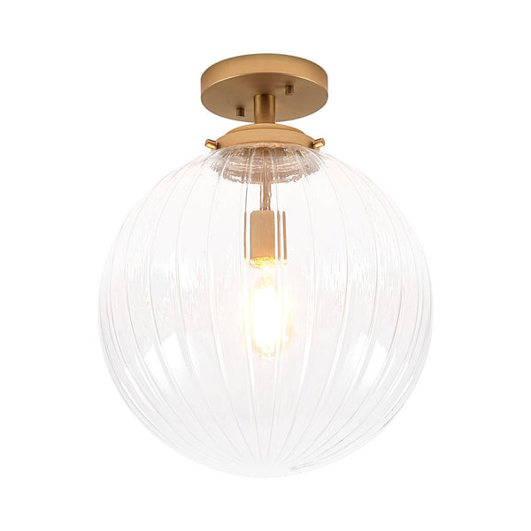 Chandelierias - Modern 1 - Light Ribbed Glass Globe Semi - flush Mount - Semi Flush - Brushed Brass -