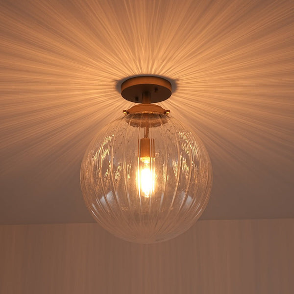Chandelierias - Modern 1 - Light Ribbed Glass Globe Semi - flush Mount - Semi Flush - Brushed Brass -