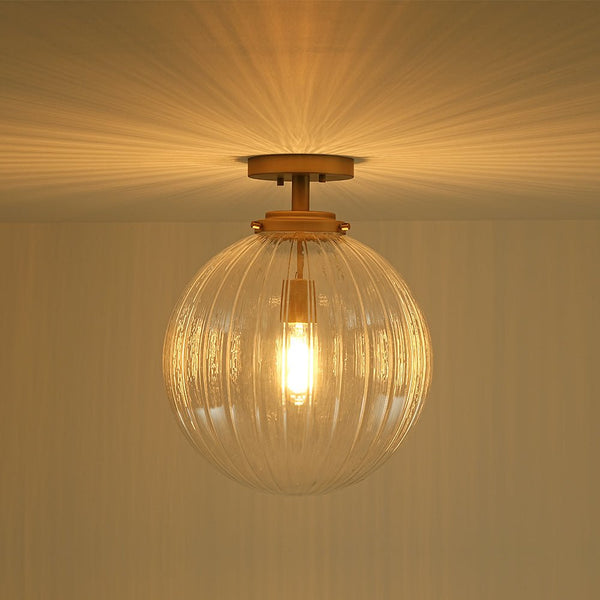 Chandelierias-Modern 1-Light Ribbed Glass Globe Semi-flush Mount-Semi Flush-Brushed Brass-