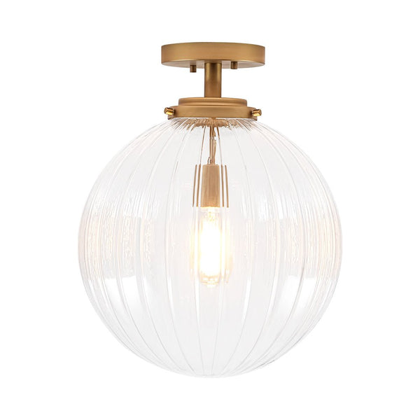 Chandelierias - Modern 1 - Light Ribbed Glass Globe Semi - flush Mount - Semi Flush - Brushed Brass -