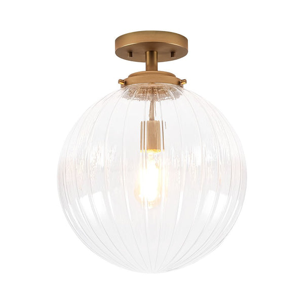 Chandelierias - Modern 1 - Light Ribbed Glass Globe Semi - flush Mount - Semi Flush - Brushed Brass -