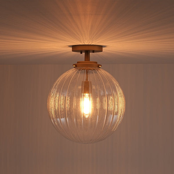 Chandelierias - Modern 1 - Light Ribbed Glass Globe Semi - flush Mount - Semi Flush - Brushed Brass -