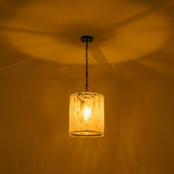 Chandelierias-Modern 1-Light White Strie Glass Cylinder Single Pendant-Pendants-Black-