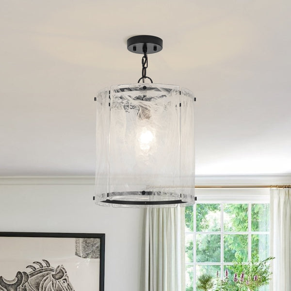 Chandelierias-Modern 1-Light White Strie Glass Cylinder Single Pendant-Pendants-Black-