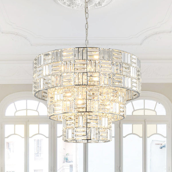 Chandelierias - Modern 11 - Light Tiered Crystal Grid Drum Chandelier - Chandelier - Polished Nickel -