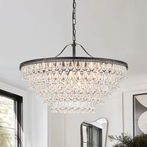 Chandelierias - Modern 11 - Light Waterfall Tiered Crystal Drops Chandelier - Chandeliers - Black -