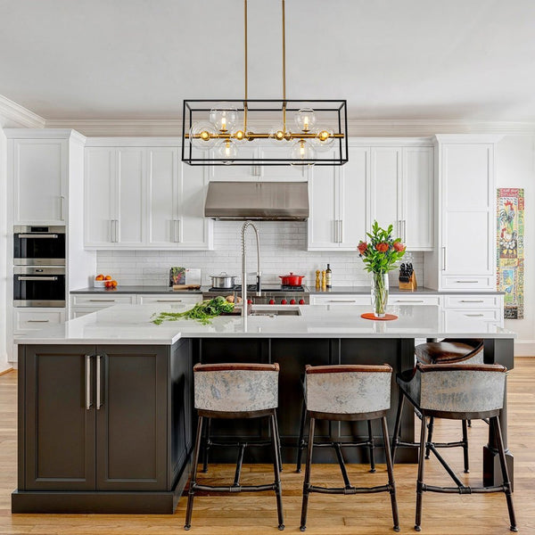 Chandelierias - Modern 12 - Light Clear Glass Rectangle Kitchen Island Chandelier - Chandeliers - Black & Gold -