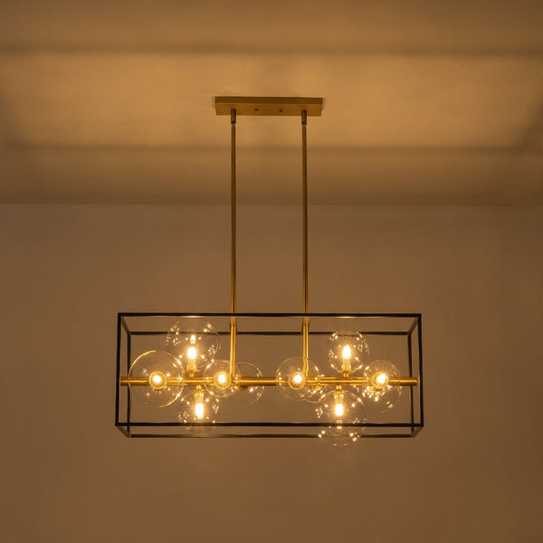 Chandelierias - Modern 12 - Light Clear Glass Rectangle Kitchen Island Chandelier - Chandeliers - Black & Gold -