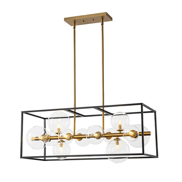 Chandelierias - Modern 12 - Light Clear Glass Rectangle Kitchen Island Chandelier - Chandeliers - Black & Gold -