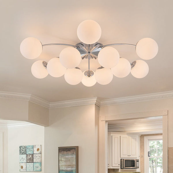 Chandelierias-Modern 12-Light Opal Glass Globe Semi-Flush Mount-Semi Flush-Chrome-12 Bulbs