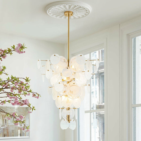 Chandelierias - Modern 12 - Light White Strie Glass Cone - Shape Tiered Chandelier - Chandeliers - Brass -