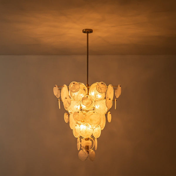 Chandelierias - Modern 12 - Light White Strie Glass Cone - Shape Tiered Chandelier - Chandeliers - Brass -